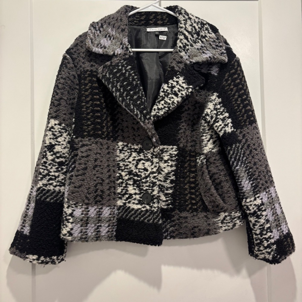 Tempo Paris Wool Patchwork Jacket Made in Italy Gray Black White M/L Art 5536